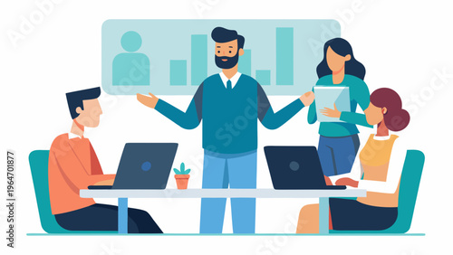 Team collaborating and discussing around a workspace with laptops and documents Vector