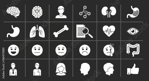 Medical Health Icons Set: Brain, Kidneys, Stomach, Lungs, Heart, Face Emotions, Anatomy