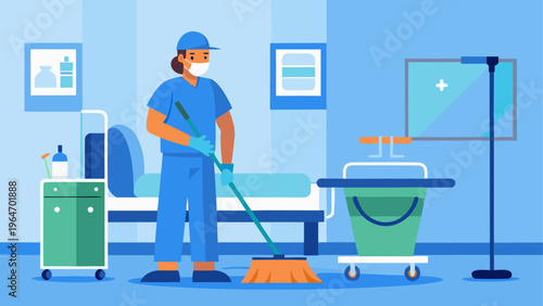 Hospital cleaner, janitor, cleaning service, healthcare worker, blue uniform