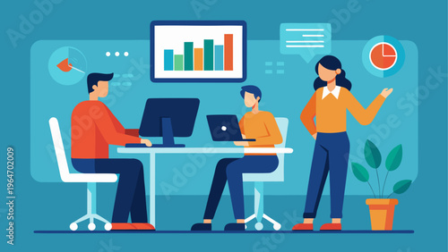 Two professionals collaborating on a digital project with analytics displayed on screen Vector