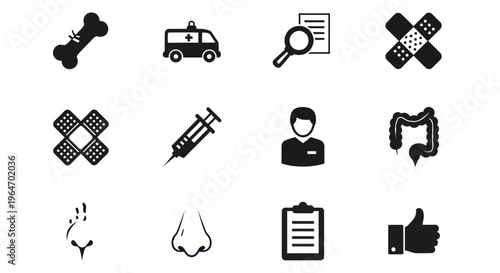 Medical Healthcare Icons Set: Bone, Ambulance, Syringe, Bandage, Doctor, Nose, Intestines, Thumbs Up