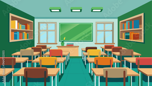A brightly lit classroom with desks and chairs arranged for students Vector