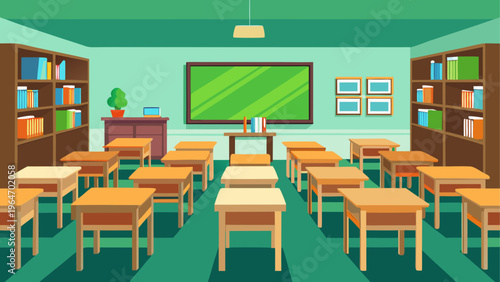 A neatly arranged classroom with desks and chairs facing a green chalkboard Vector