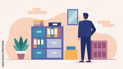 Professional standing in front of a colorful office bookshelf Vector
