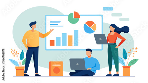 Team analyzing business growth metrics together in an office setting Vector