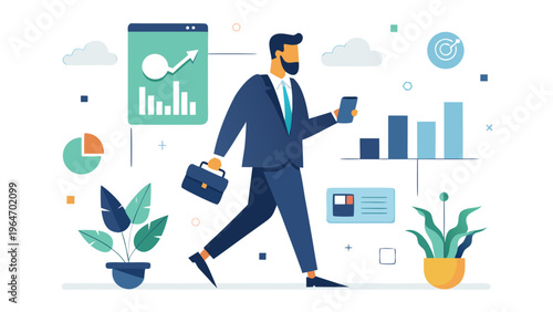 Business professional walking while checking mobile analytics and charts Vector