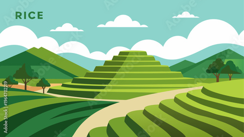 Scenic green hills with a winding road and a small village in the distance Vector