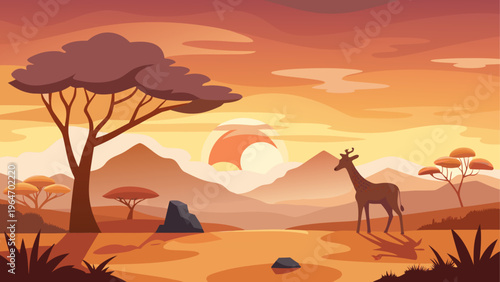 Silhouettes of giraffes and zebras standing in a sunset savanna landscape Vector
