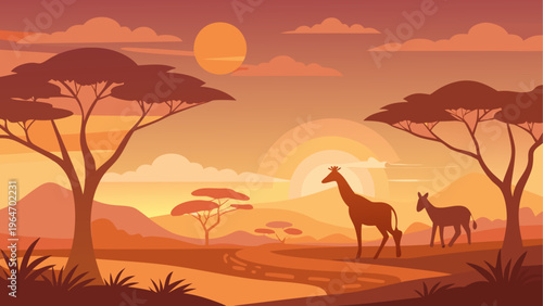 Giraffes and zebras grazing at sunset in the savanna landscape Vector