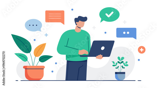 Professional using a laptop surrounded by plants and communication icons. Vector