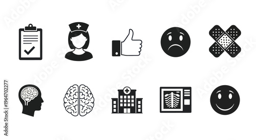 Healthcare Icons: Medical Symbols for Hospital, Brain, Nurse, and Health Check