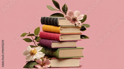 Stack of colorful hardcover books with decorative flowers and green leaves against a pink background, showcasing vibrant textures and contrasting colors