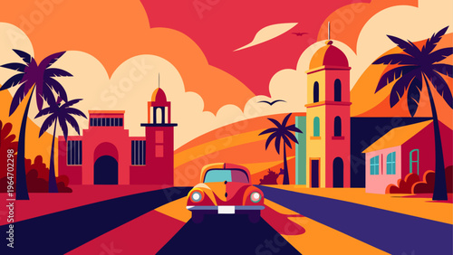 Vibrant sunset over palm trees with a lone motorcycle on a winding road Vector