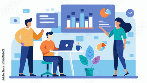 Team collaborating on a project using digital tools and analytics Vector