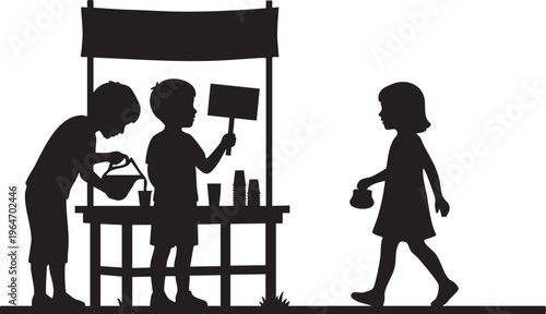 Children operating a small lemonade stand, engaging in early entrepreneurial play during a sunny day
