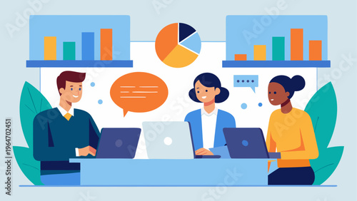 Team collaborating during a virtual meeting with laptops and documents Vector