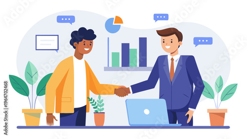 Two business professionals shaking hands over a desk with documents and plants in the background Vector