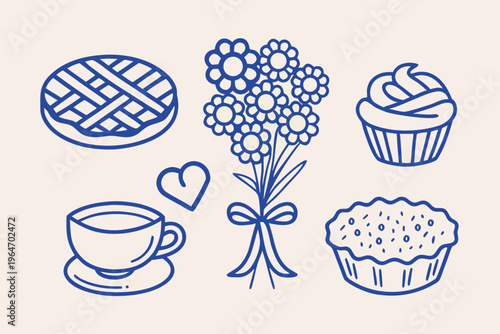 A charming collection of hand drawn sweets flowers and a cup of tea