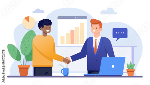 Two professionals shaking hands over a desk with documents and a laptop Vector