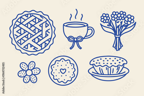 A charming illustration of pie coffee flowers and sweet treats