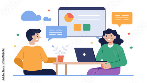 Two professionals collaborating on a laptop with digital interface visuals Vector