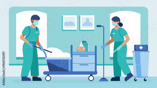 Medical professionals attending to a patient in a hospital room Vector
