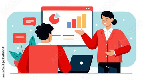 Professional presenting business analytics on a large screen to a team member Vector