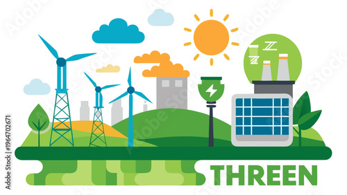 Sustainable energy sources including wind, solar, and hydro power Vector