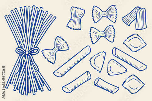 A collection of various pasta types in a simple blue line drawing