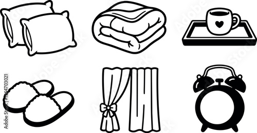 Black and white line art cozy bedroom items set with pillows blanket slippers curtain and alarm clock