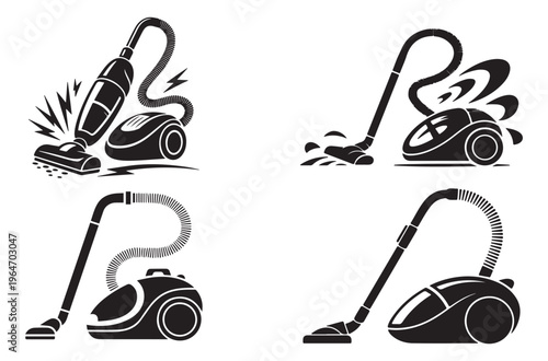 Collection of four vacuum cleaner illustrations isolated on transparent background depicting various stages of cleaning and power