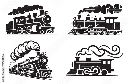 Group of steam train icons, vintage locomotives with smoke plumes, depicting industrial revolution era transportation and railway power