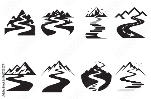 Fotografía Set of black mountain road icons with winding paths and sharp peaks, depicting j