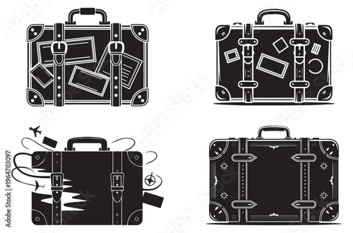 Set of four vintage suitcases with travel stickers, buckles, straps, corner protectors, and some open or flying elements