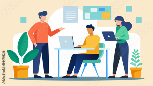 Team collaborating on project using digital tools and laptops Vector