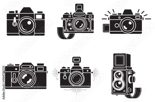 Collection of vintage camera icons, retro photographic equipment, film rolls, and flash elements, representing photography and nostalgia