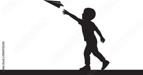 Silhouette of a joyful young boy launching a paper airplane, symbolizing childhood dreams, imagination, and aspiration