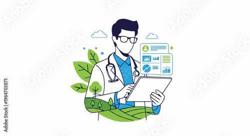 Doctor analyzing medical data on a tablet with digital interface.