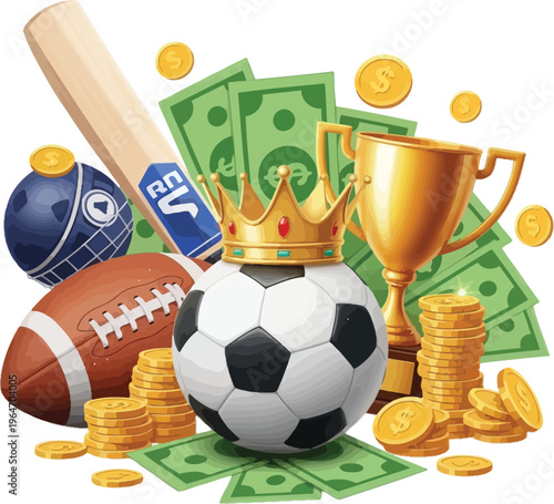 Sports betting illustration with soccer ball football baseball bat trophy coins and cash isolated on transparent background