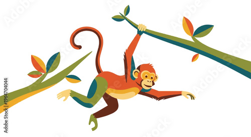 Photography Cartoon monkey swinging on tree branches vector illustration
