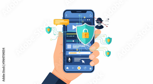 Mobile Security Concept - Hand Holding Phone with Security Shield and Hacker.