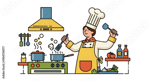 Chef preparing meal in kitchen cartoon style illustration