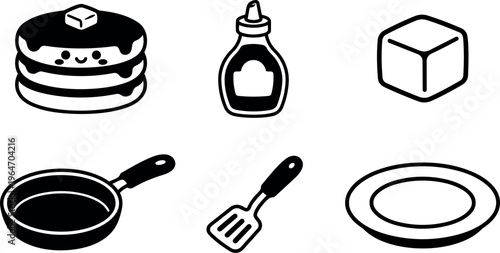 Black and white stack of pancakes with syrup butter and cooking utensils vector art