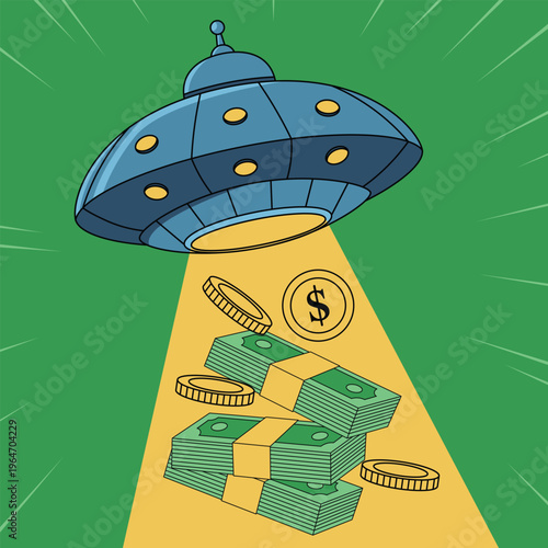 UFO Abducting Money Vector Illustration – Alien Finance Concept with Cash and Coins