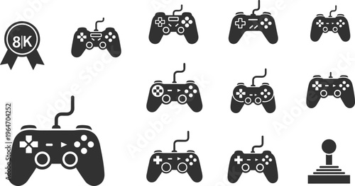 A collection of black video game controllers joysticks and a medal representing 8k resolution are displayed on a white background high quality professional