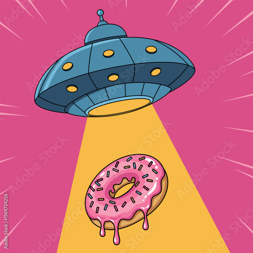 UFO Abducting Pink Donut Vector Illustration, Alien Beam Taking Sweet Dessert Concept