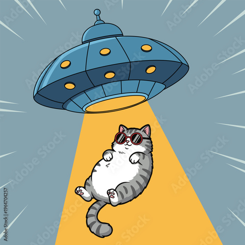 Funny UFO Abducting Cat Vector Illustration – Cute Alien Pet Cartoon Concept
