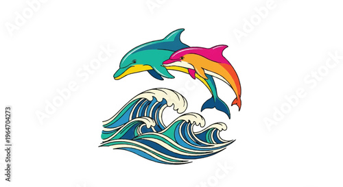 Colorful dolphins leaping above waves vector illustration