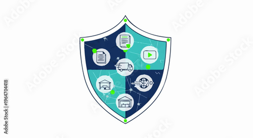 Shield with icons representing various aspects of security and protection.