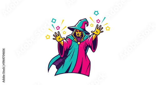 Magician performing magic with colorful symbols on white background